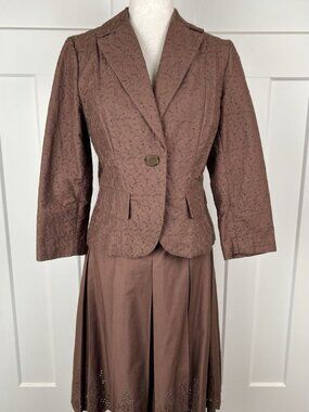 Vintage Apostrophe Brown Eyelet Embroidered Skirt Suit Set Jacket 8 Skirt 10